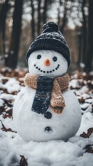 Obraz premium Create a cozy winter background featuring a cheerful snowman with a scarf and hat, surrounded by soft, snowy scenery and plenty of copy space for seasonal messages. 