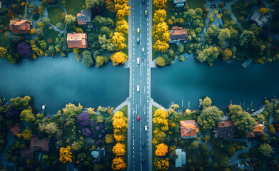 Yellow flowers and green grass on both sides of the asphalt road leading to the lake