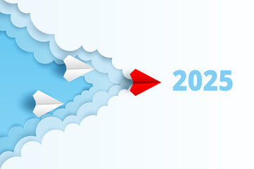 Concept for Planning Success Goals for 2025. Red Paper Plane Flying Toward Success in 2025. paper art style. vector. illustration.