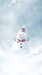 Fototapeta premium Create a charming winter background featuring a smiling snowman surrounded by soft, freshly fallen snow, with ample copy space for seasonal greetings or messages. no noise 