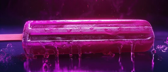 Obraz premium Close up of a pink popsicle melting in the water on a dark blue background.