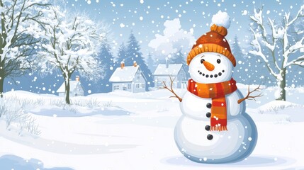 Fototapeta premium Create a charming winter background featuring a cheerful snowman with a cozy scarf and hat, surrounded by a snowy landscape, with plenty of copy space for seasonal messages or holiday greetings.