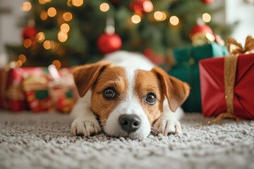 A cute Jack Russell Terrier lying on the carpet in front of a beautifully decorated Christmas tree, surrounded by colorful gift boxes and ribbons, with a festive background.