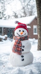 Obraz premium Create a peaceful winter scene with a cheerful snowman, surrounded by soft snow and a spacious copy space background, perfect for seasonal greetings or holiday messages.