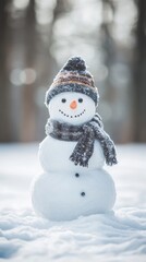Fototapeta premium Create a peaceful winter scene with a cheerful snowman, surrounded by soft snow and a spacious copy space background, perfect for seasonal greetings or holiday messages.