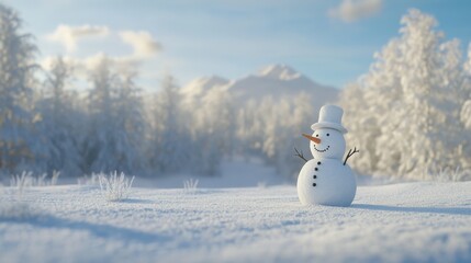 Fototapeta premium Smiling Snowman Winter Scene Snowy Landscape