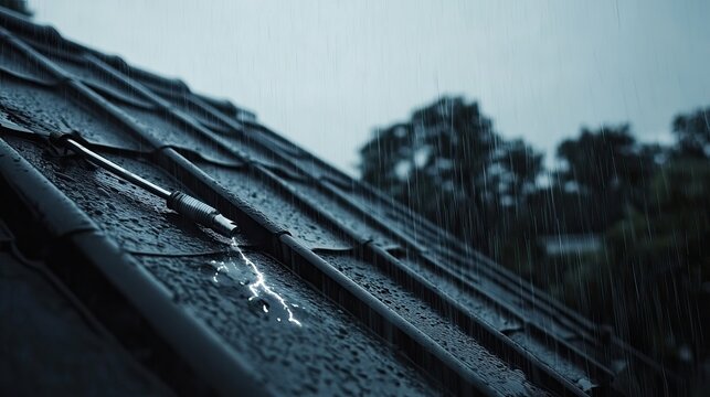 Lightning rod on roof during rainy day , storm, protection, safety, weather, metal, installation, electricity . 