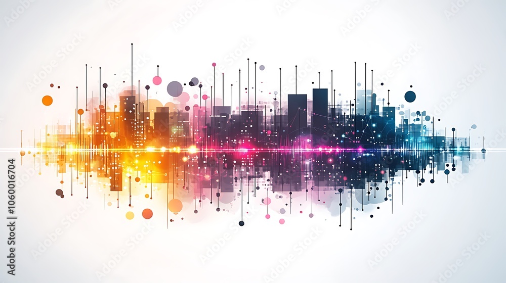 Poster abstract cityscape with colorful lights and digital elements reflecting in water.