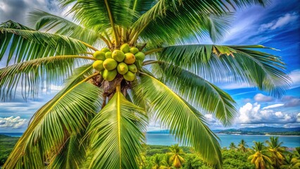 Fototapeta premium Tropical Paradise: Coconuts on Coconut Trees in Nicaragua - Lush Greenery, Exotic Fruits, Nature's Bounty, Island Vibes, Sunlit Landscape, Tropical Agriculture, Scenic Views