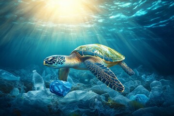 Obraz premium A marine conservation team working to reduce plastic pollution in the ocean to protect species like whales and sea turtles.