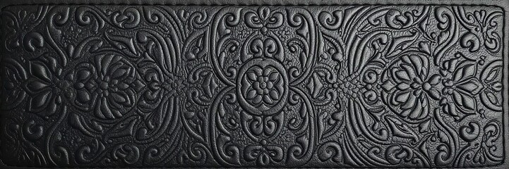 Embossed shiny black leather with intricate floral motif design, close-up, black