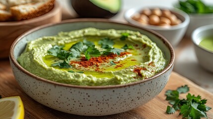 freshly made bowl of creamy avocado oil hummus. 