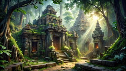 Obraz premium A dramatic and action-packed scene of a ancient temple hidden deep in the jungle with intricate carvings and mysterious energies, artifacts, energy, ruins, adventure, history