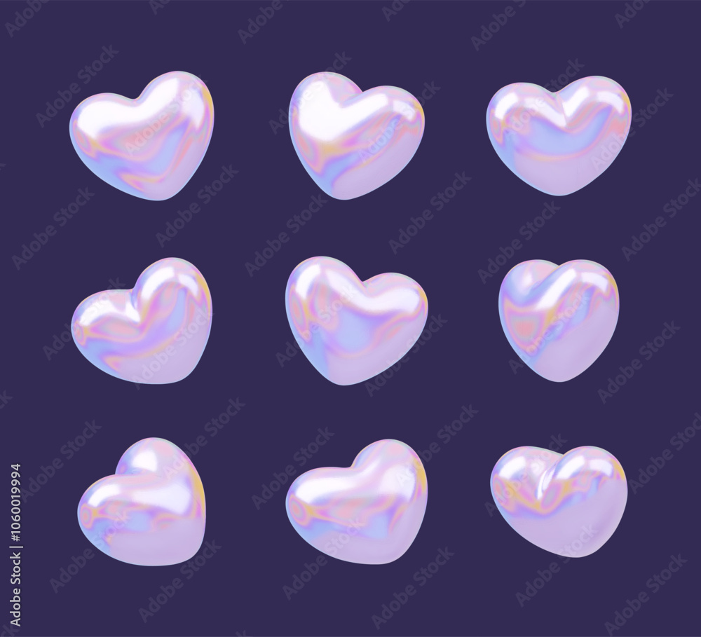 Wall mural 3d holographic heart rotation. vector valentines day symbol in different view. realistic romantic sy