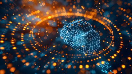 Digital informational technology web futuristic hologram with cloud icon, blue golden light digits and code background, cloud computing. Abstract Motion of digital data flow
