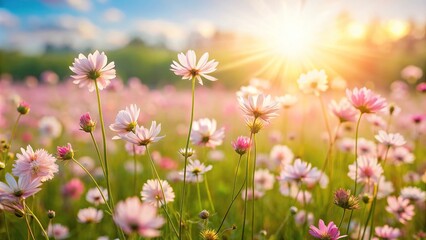 Obraz premium A field of pale pink wildflowers swaying gently in the breeze on a sunny meadow, flower fields, serene landscape