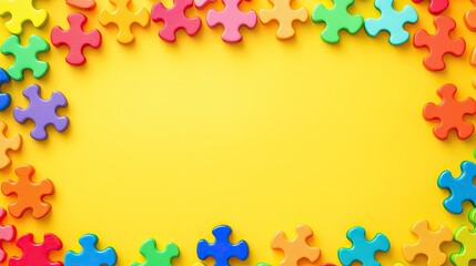 Fototapeta premium Colorful puzzle pieces arranged on a bright yellow background.