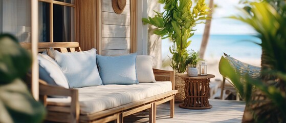 Obraz premium A cozy outdoor seating area with a wooden sofa adorned with cushions, surrounded by lush greenery and a view of the tranquil ocean.