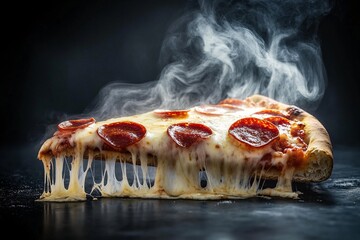 Delicious slice of pepperoni pizza with melting cheese and steam, set against a dark background, evoking cravings and comfort.