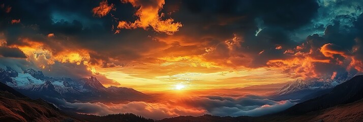 Obraz premium Dark Sunset over rocky cloudy mountains, Wide Background 
