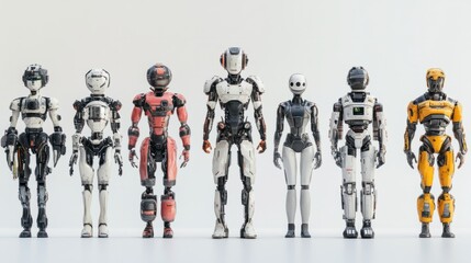 Naklejka premium Assortment of robotic AI figures with advanced tech designs, some with robotic arms on white