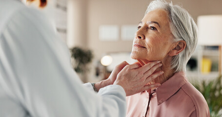 Office, lymph and old woman in consultation with doctor for medical health at senior care clinic....