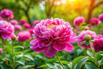 Obraz premium A majestic peony flower blooming in a lush garden filled with vibrant colorful flowers and lush foliage on a warm summer day, blossoms, colorful, garden
