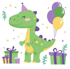 Fototapeta premium A colorful green painted dinosaur joyfully holding a bunch of brightly colored balloons along with a beautifully packaged gift box