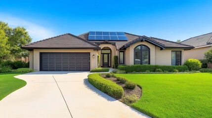 Obraz premium Modern House with Solar Panels and Green Lawn