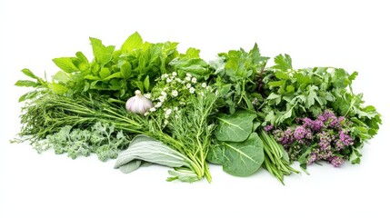 Obraz premium A vibrant display of wild vegetables like wild garlic, nettles, and sorrel, showcasing their natural beauty and health benefits, isolated on a white background