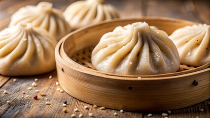 Fototapeta premium Steamed Dumplings in a Bamboo Basket on a Wooden Surface with Sesame Seeds and Peppercorns