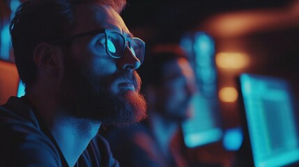 Fototapeta premium Traders in a bustling financial hub, eyes glued to screens, conveying the tense atmosphere of market volatility and the high stakes of trading.