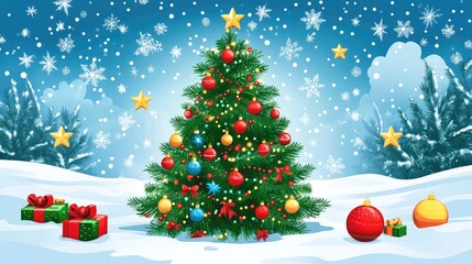 Fototapeta premium Festive Christmas Tree in Winter Wonderland Scene