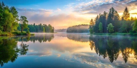 Obraz premium A serene and peaceful lake at dawn with a misty atmosphere, surrounded by tall trees and lush greenery, serene, lake, water