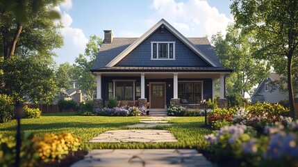 A traditional cottage style house with a charming front porch, adorned with beautiful flowers and green grass