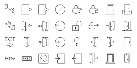 Obraz premium Open door line icon set. Login, logout, register, password, vip entrance, key, lock, exit minimal vector illustrations. Simple outline signs for web application