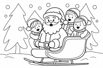 Fototapeta premium Santa claus and happy kids in snow scene, cozy sleigh ride in line art for coloring book 