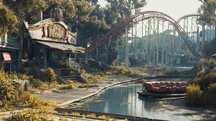 Obraz premium An abandoned theme park, with rusting roller coasters and broken-down attractions overgrown with weeds.