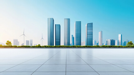 Obraz premium Modern city skyline with skyscrapers, wind turbines, and clear blue sky