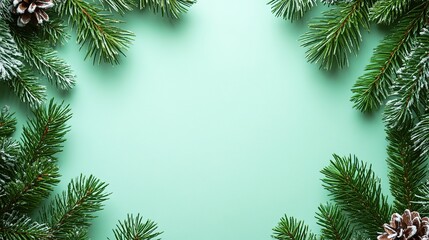 Festive border of fir branches with pine cones on pale green