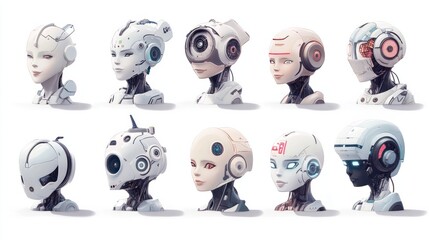 Fototapeta premium Collection of digital robots with different head shapes and facial displays on a white background