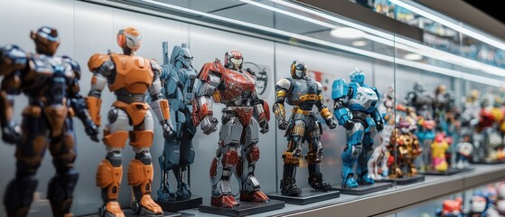 Obraz premium A row of colorful robot figurines displayed in a glass case.