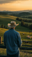 Young Farmer Observing Livestock in Serene Farm Setting at Dusk, Cowboy On A Farm, Person In The Field
