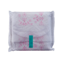 Disposable menstrual pad packaging on transparent background © Ari