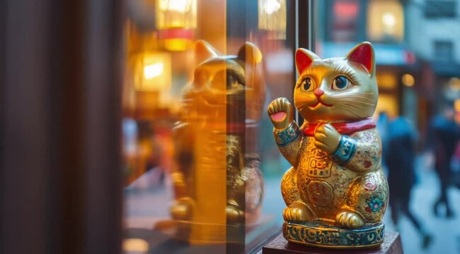 Maneki neko scene in front of the shop, Camera slow motion with different angles