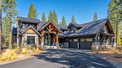 modern black and brown mountain home with stone accents