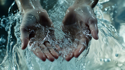 Fototapeta premium Hands gently cupping clear water in a soothing, refreshing close-up