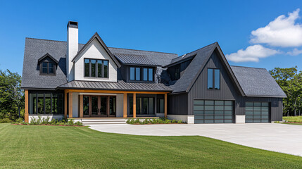 modern black and white farmhouse with large garage doors and green lawn