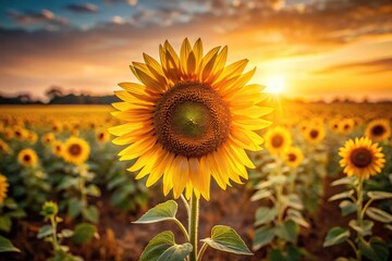A vibrant sunflower standing tall amidst a field of golden hues with dark centers and subtle texture, bold, colorful, sun, landscape