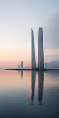Obraz premium Modern skyscrapers reflect in calm waters during dawn in an urban landscape
